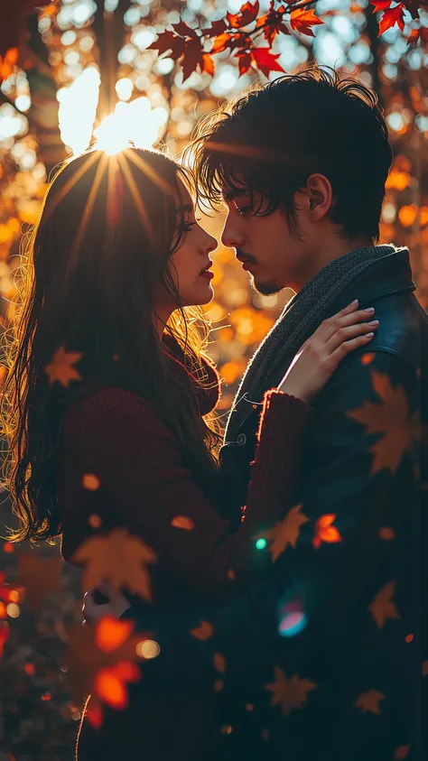 intimate close-up portrait of couple in passionate embrace under autumn trees, her burgundy knit sweater and his leather jacket with warm scarf perfectly framing their connection, dramatic cinematic lighting with golden sunlight creating ethereal lens flar...