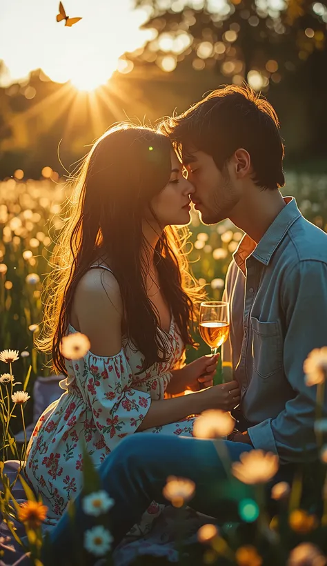 intimate close-up portrait of couple sharing tender moment during sunset picnic, she wearing flowing floral spring dress in soft pastels and he in light linen shirt, dramatic cinematic lighting as evening sunlight creates ethereal lens flare through swayin...