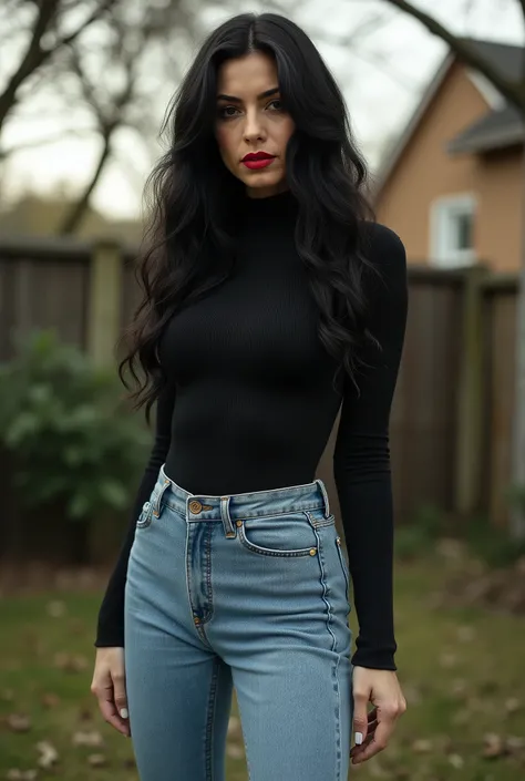 Photorealistic, full-body shot of a mature, commanding mistress. She towers over the viewer in a secluded backyard. A striking European beauty with long, wavy black hair, light skin, and bold red lipstick. She wears skin-tight light blue ultra-skinny jeans...