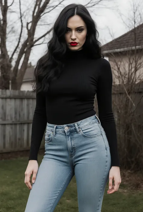 Photorealistic, full-body shot of a commanding mistress. She towers over the viewer in a secluded backyard, her presence overwhelming. A striking European beauty with long, wavy black hair, light skin, and bold red lipstick. She wears skin-tight light blue...