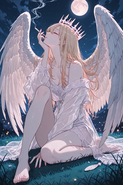 (masterpiece, best quality, ultra-detailed, Anime style, illustration, fantasy art) sight below со спины, Outside,  turned, 1 blonde   , angel wings , hair develops in the wind, closed eyes, long lashes, Glass retina, light golden hair with soft pink tips,...