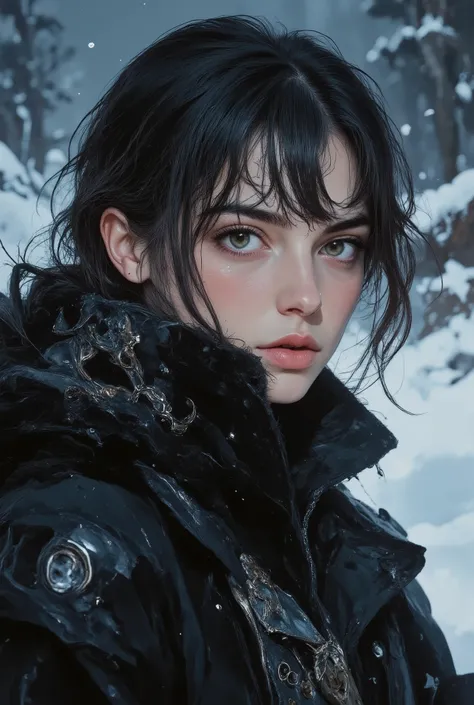 Silky black hair waving in the wind,Deformed Ears,starry eyes,rusted pink cheeks,cherry lips , flawless oval face , shy and affectionate look,Pele lisa, Refined and elegant, fur coat , rustic snow background scenery