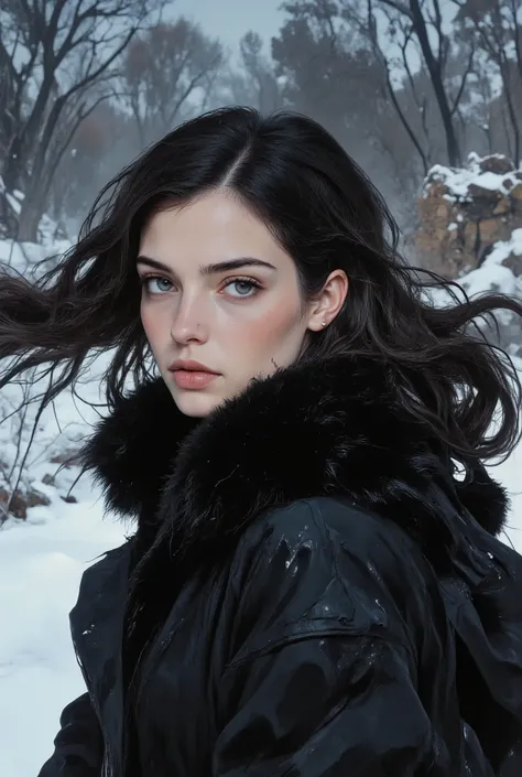 Silky black hair waving in the wind,Deformed Ears,starry eyes,rusted pink cheeks,cherry lips , flawless oval face , shy and affectionate look,Pele lisa, Refined and elegant, fur coat , rustic snow background scenery