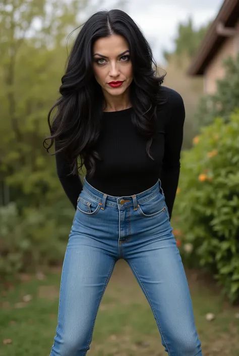 milf,Photorealistic, full-body shot of a mature, commanding mistress. She towers over the viewer in a secluded backyard, dominating stance. A striking European beauty with long, wavy black hair, light skin, and bold red lipstick. She wears skin-tight light...