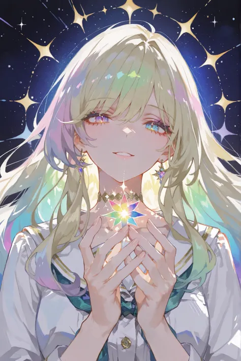 solo, watercolor, (Masterpiece), handsome, Highest Quality, Impasto, perfect face, Adult Women, Full body portrait, delicate hands, Overwhelming,, fantastic but super realistic photo, gently clasping hands, silhouettes illuminated by cosmic light, colorful...