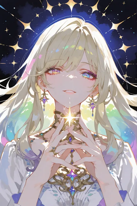 solo, watercolor, (Masterpiece), handsome, Highest Quality, Impasto, perfect face, Adult Women, Full body portrait, delicate hands, Overwhelming,, fantastic but super realistic photo, gently clasping hands, silhouettes illuminated by cosmic light, colorful...