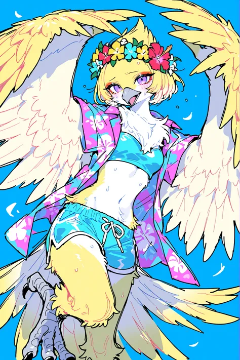(ma1ma1helmes_b_illu,sketch,birdgirl,tail, feathers, claws, furry female, body feathers, bird tail, snout, beak, bird girl, bird legs, feather hair,wings, feathered wings,) The girl is a hybrid of a parrot, a harpy furry. She has yellow feathers all over h...