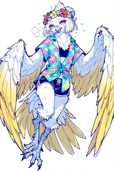 (ma1ma1helmes_b_illu,sketch,birdgirl,tail, feathers, claws, furry female, body feathers, bird tail, snout, beak, bird girl, bird legs, feather hair,wings, feathered wings,) The girl is a hybrid of a parrot, a harpy furry. She has yellow feathers all over h...