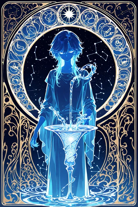 (glowing,xxx667_illu,ArsMJStyle, Art Nouveau,)The constellation of Aquarius. The girl with the blue hair. She is wearing a Greek tunic. She is holding a marmalade vase from which water is pouring. (In the background: the starry sky of the zodiac signs in t...