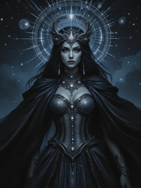 Award winning expressionist dark fantasy art of a beautiful powerful female goddess of the moon, epic pose, onyx colored hair, ultra detailed, lots of details, HDR, luxury holographic dark silver corset dress, cloak, complex patterns, ancient calligraphy, ...