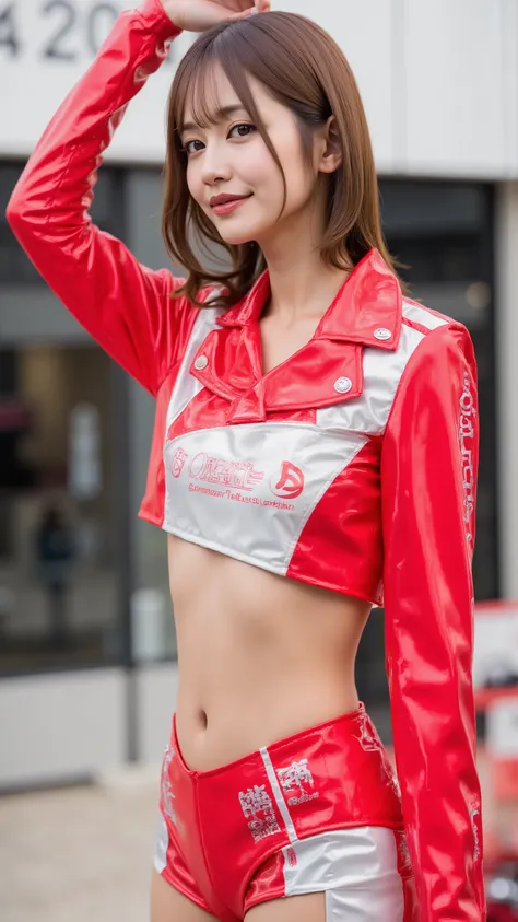 "(solo), (( gorgeous)), Enchanting, ((Race Queen of the Year Award Winner)), (  like live action ), watch viewers, (cowboy shot with arms raised), attractive face, (Very detailed face,  (cute face), (beautifully balanced face),  beautiful  eyes, detailed e...