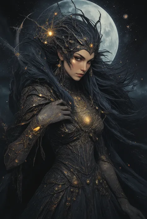 Award winning expressionist dark fantasy art of a beautiful powerful female goddess of the moon, epic pose, onyx colored hair, ultra detailed, lots of details, HDR, luxury holographic dark silver corset dress, cloak, complex patterns, ancient calligraphy, ...