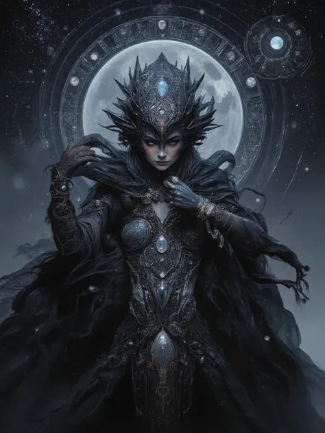 Award winning expressionist dark fantasy art of a beautiful powerful female goddess of the moon, epic pose, onyx colored hair, ultra detailed, lots of details, HDR, luxury holographic dark silver corset dress, cloak, complex patterns, ancient calligraphy, ...
