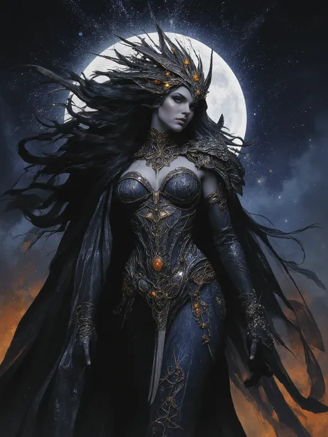 Award winning expressionist dark fantasy art of a beautiful powerful female goddess of the moon, epic pose, onyx colored hair, ultra detailed, lots of details, HDR, luxury holographic dark silver corset dress, cloak, complex patterns, ancient calligraphy, ...