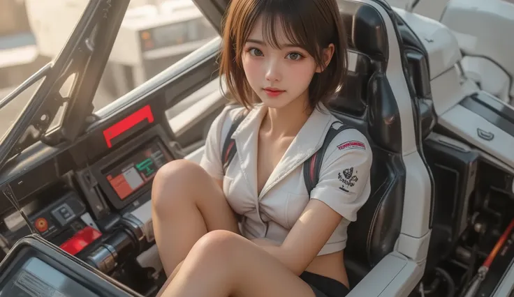 8k,ultra high res , Highest Quality, Masterpiece,rule of thirds,golden ratio,surreal,Picture, one woman between stores,masterpiece girl,perfect anatomy,dark haired,Long Bob,Japanese anime,Mazinger Z cockpit,fighter pilot,Future,Alone, (Japanese woman in he...