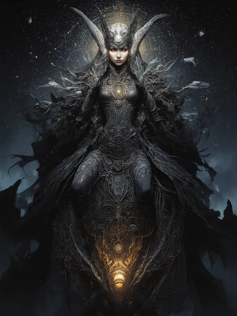 Award winning expressionist dark fantasy art of a beautiful powerful female goddess of the moon, epic pose, onyx colored hair, ultra detailed, lots of details, HDR, luxury holographic dark silver corset dress, cloak, complex patterns, ancient calligraphy, ...