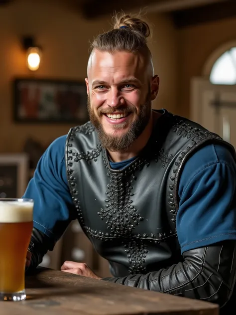 genuine smile that adds a touch of warmth to his stern demeanor, hair tied in a man bun. He is depicted in a medieval-style blue linen tunic outfit, suggesting a medieval or historical norse viking setting., rough-textured black leather armour on top of cl...