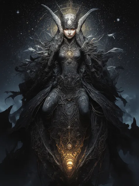 Award winning expressionist dark fantasy art of a beautiful powerful female goddess of the moon, epic pose, onyx colored hair, ultra detailed, lots of details, HDR, luxury holographic dark silver corset dress, cloak, complex patterns, ancient calligraphy, ...
