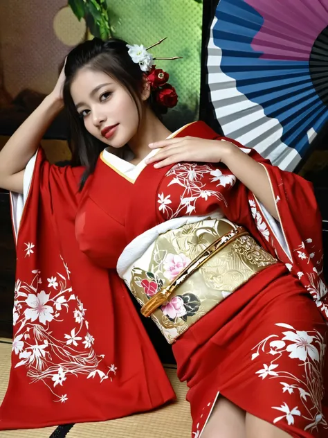 Hyper-realistic portrait of a beautiful woman lying gracefully, wearing a luxurious crimson and magenta floral kimono with silky textures and intricate Japanese patterns, detailed folds and embroidery, vibrant obi belt in metallic blue, flawless porcelain...