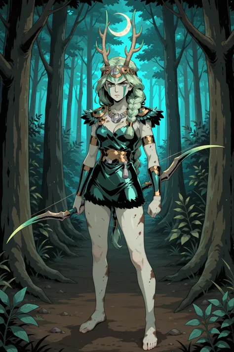 1girl, Artemis from Hades, green hair tied in a single thick braid, wearing green face paint, antler and fur head dress, short dark green leather hide and fur dress, cleavage with a large silver crescent necklace, bare feet bare legs, a long hunting bow, d...