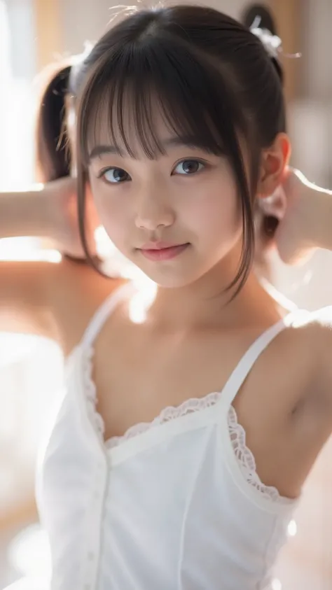 big eyes、smile ヤン、sounds fun、black hair long twin tail that is backlit and looks beautiful through、My Breasts Are Open Below My Stomach、I can see a button on my stomach、肌の露出がandても多い、World's cutest middle school student、 crosses her arms and arms above h...