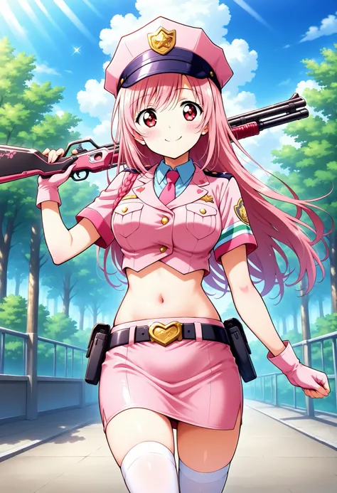Highest Quality、Otome、shot from the front,high resolution、Upright、(Anime Illustration Style:1.3), One Woman、solo、Otome Ieyasu.orijinaru, pink police uniform, crop top, midriff, belly button, pink miniskirt, pink pencil skirt, White Garter,  pink police hat...