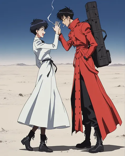 Two people traveling through the wilderness , walk side by side , 
1male , Nicholas D. Wolfwood_Trigu  ,  Carrying a large cross on his right hand , The cross is covered with a white cover , sunglasses , put a cigarette in one's mouth , black single suit ,...