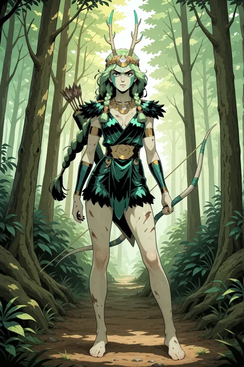 1girl, Artemis from Hades, green hair tied in a single thick braid, wearing green face paint, antler and fur head dress, short dark green leather hide and fur dress, cleavage with a large silver crescent necklace, bare feet bare legs, a long hunting bow an...
