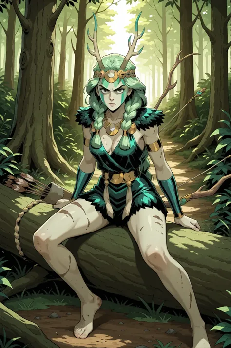1girl, Artemis from Hades, green hair tied in a single thick braid, wearing green face paint, antler and fur head dress, short dark green leather hide and fur dress, cleavage with a large silver crescent necklace, bare feet bare legs, a long hunting bow an...