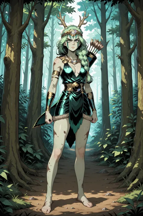 1girl, Artemis from Hades, green hair tied in a single thick braid, wearing green face paint, antler and fur head dress, short dark green leather hide and fur dress, cleavage with a large silver crescent necklace, bare feet bare legs, a long hunting bow an...