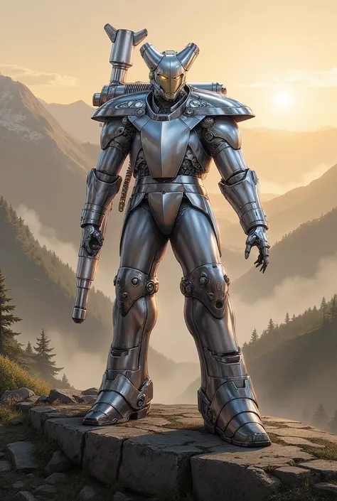 Glitterboy Power Armor, standing on an Appalachian mountain, sunrise, fog in the valleys 