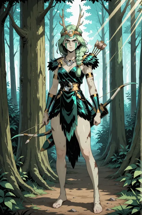 1girl, Artemis from Hades, green hair tied in a single thick braid, wearing green face paint, antler and fur head dress, short dark green leather hide and fur dress, cleavage with a large silver crescent necklace, bare feet bare legs, a long hunting bow an...