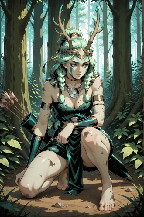 1girl, Artemis from Hades, green hair tied in a single thick braid, wearing green face paint, antler and fur head dress, short dark green leather hide and fur dress, cleavage with a large silver crescent necklace, bare feet bare legs, a long hunting bow an...