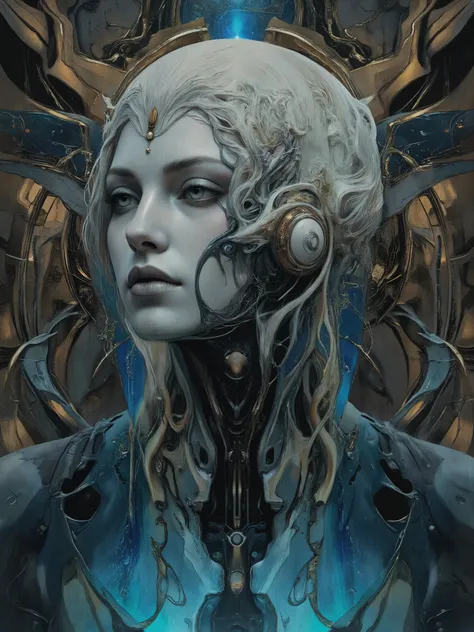 由Monstfactumcreation & Anato Finnstak.
, A Cyberpunk Beauty，Full body  perfect blend of sci-fi and gothic，Wayne Reynolds paintings  , creation：Jeanne Saville ,  her porcelain-white skin，