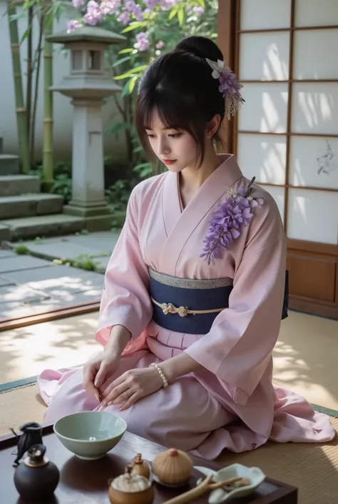 (((best quality))),(((ultra detailed))),(((masterpiece))),realistic,A girl, kneeling on a futon, dressed in a light pink shaking sleeve kimono, embroidered light purple wisteria flowers on her lapel. The petals were stacked one by one, spreading from her s...