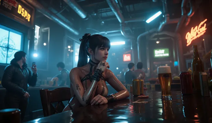 Eve from StellarBlade drinks a beer in a bar