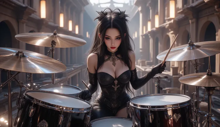 ultra detailed, absolutely resolution, masterpiece, a very beautiful female heavy metal drummer, (drum set, with two bass drums, one snare drum, ten toms, a floor tom, and twenty iridescent, plated cymbals of various sizes), wearing their own gothic stage ...