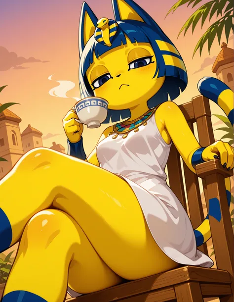 source_furry,ankha (animal crossing), close up, anthro furry,solo, (short white dress), sitting on chair, long striped tail, looking at viewer, half closed eyes, (dynamic angle), (dutch angle), (outdoors), terrasse background, holding a cup of tea, crossed...