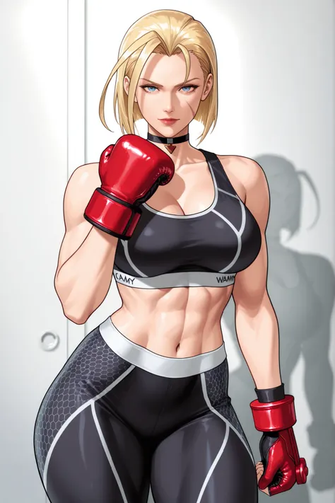 cammy white, blue eyes, scar on face, blonde hair, short hair, huge ahoge, choker, black sports bra, black leggins, red boxing gloves,
thick thighs, adult face, looking at viewer , direct look, forward, adult face, beautiful, detailed, adult mature face...