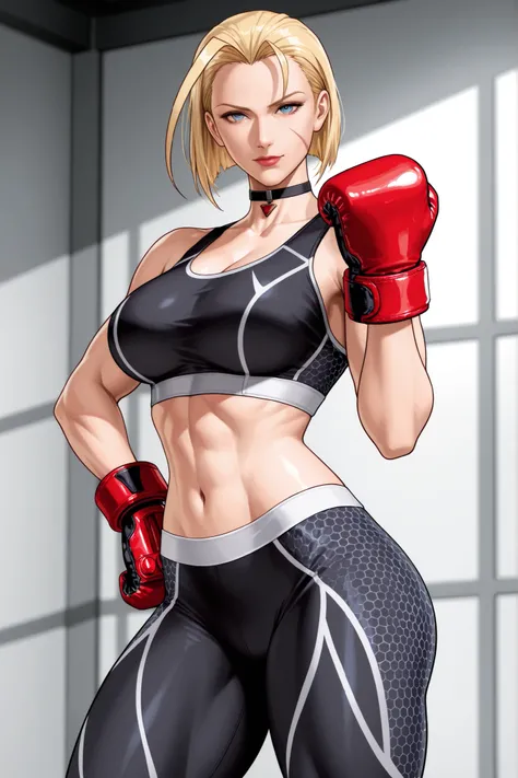 cammy white, blue eyes, scar on face, blonde hair, short hair, huge ahoge, choker, black sports bra, black leggins, red boxing gloves,
thick thighs, adult face, looking at viewer , direct look, forward, adult face, beautiful, detailed, adult mature face...