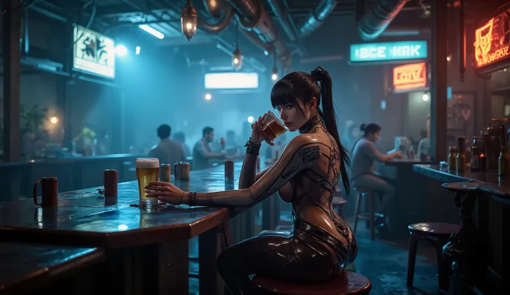 Eve from StellarBlade drinks a beer in a bar
