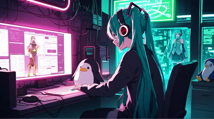 Hatsune Miku,Megurine Luka, headphones over green,hacker,sit at the desk,while working on a computer,neon light,Cinematic,cyberpunk,stuffed penguin