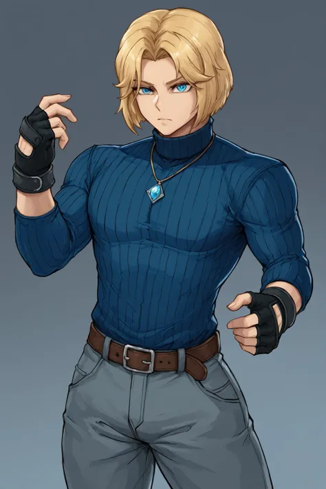 BlueMary, short hair, blue eyes, pants, male, turtleneck, belt, large breasts, necklace,fingerless gloves, genderbend male