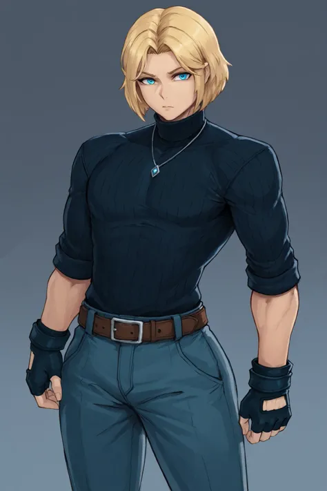 BlueMary, short hair, blue eyes, pants, male, turtleneck, belt, large breasts, necklace,fingerless gloves, genderbend male