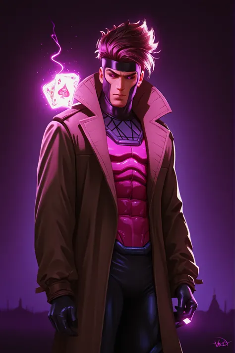 a detailed portrait of gambit, a professional thief and mutant with the ability to charge physical objects with kinetic energy, standing in a gritty urban setting, wearing his signature brown trenchcoat and gloves, with his signature playing card in hand, ...