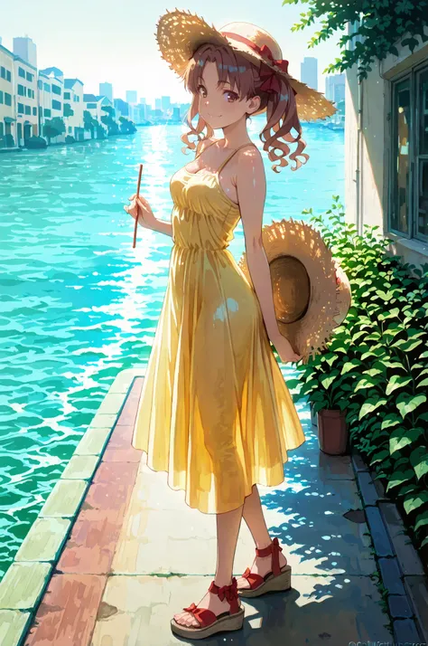 kuroko shirai, brown hair, long hair, parted bangs, brown eyes, ringlets, twintails, hair bow, bow, red bow,,building, city, cityscape,ocean,shiny skin, glistening skin, , oiledILL, oiled, oily, ,round breasts, breasts together, cleavage,,　masterpiece, bes...