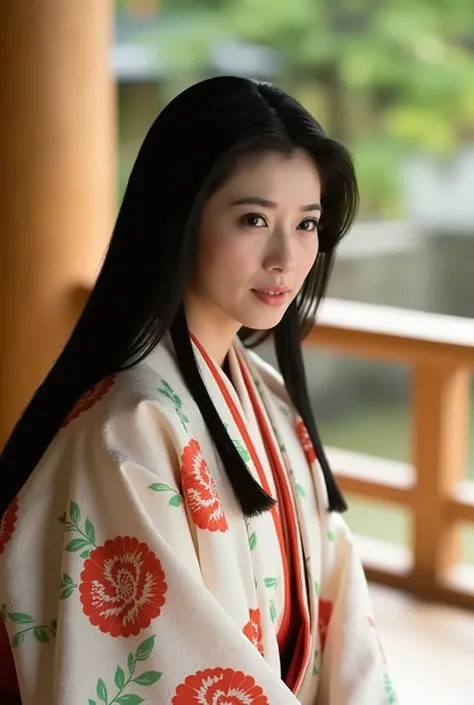 A high resolution photograph of Japanese adult woman in 12hitoe, from the edo era, sitting on a veranda in Japanese traditional castle.
Her hairstyle is black long hair parted middle with hime-cut style.
(She glares slightly in a villainous expression on h...