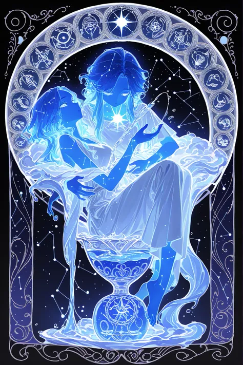 (glowing,xxx667_illu,)The constellation of Aquarius. The girl with the blue hair. She is wearing a Greek tunic. She is holding a marble vase from which water is pouring. (In the background: the starry sky of the zodiac signs in the Art Nouveau style. The s...
