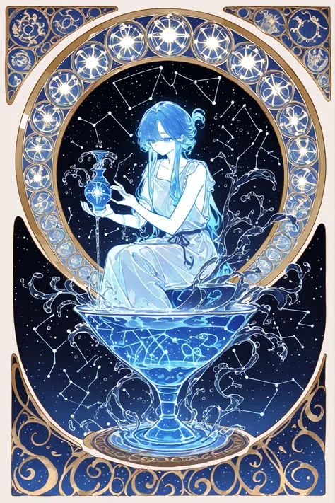 (glowing,xxx667_illu,)The constellation of Aquarius. The girl with the blue hair. She is wearing a Greek tunic. She is holding a marble vase from which water is pouring. (In the background: the starry sky of the zodiac signs in the Art Nouveau style. The s...