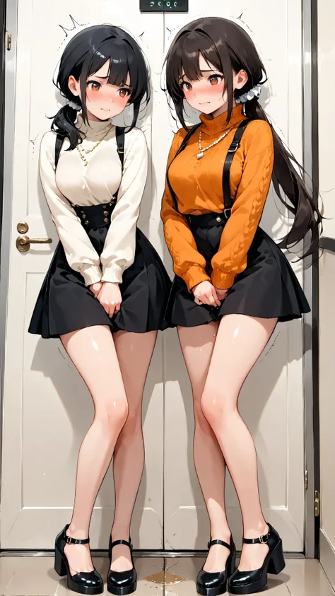 score_9, score_8_up, score_7_up, score_6_up, score_5_up, score_4_up, (extremely detailed and high-quality illustration), (best lighting effects, ultra-realistic), BREAK, (two girls separated), waiting in line for bathroom, outside of bathroom door, beautif...